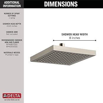 Delta Faucet Single-Spray Rain Shower Head Brushed Nickel, Rainfall Shower Head, Square, Metal Sh... | Amazon (US)