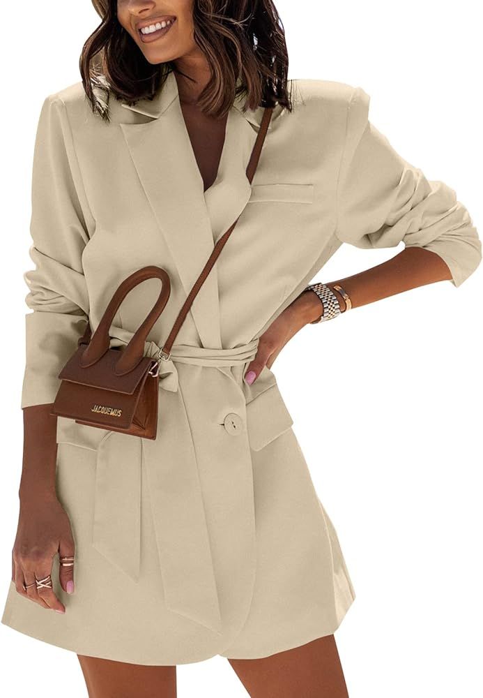 Womens Elegant Blazer Dress Long Sleeve Belted Waist Work Office Jackets Long Blazers with Pocket | Amazon (US)