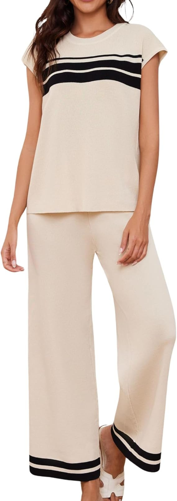 Women 2 Piece Lounge Sets Sleeveless Knit Sweater Tops Wide Leg Pants Matching Set | Amazon (US)