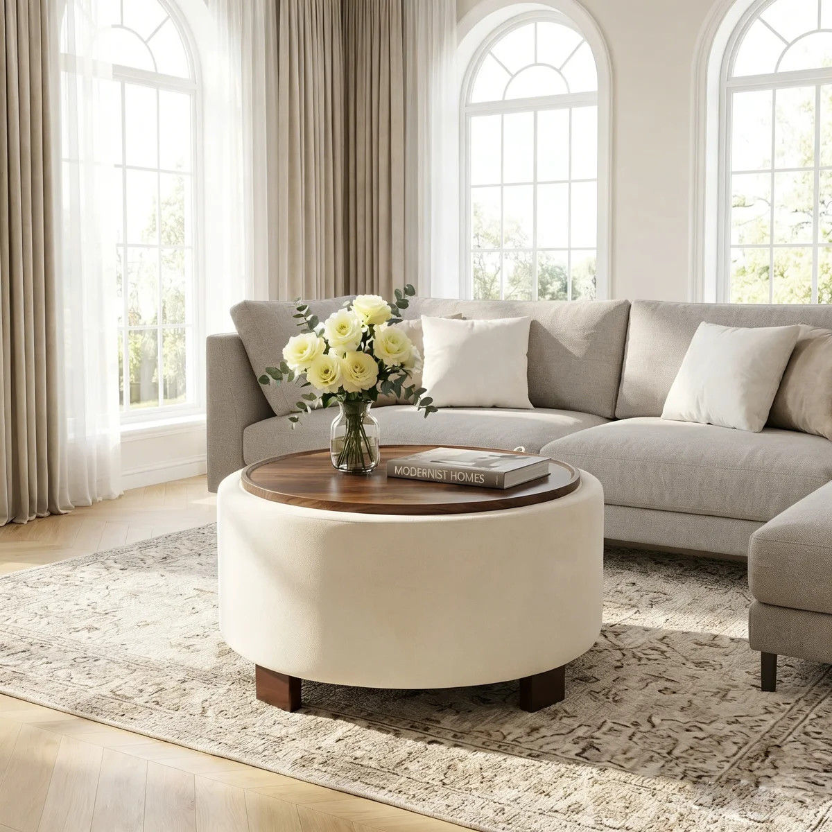 30" W Upholstered Round Storage Ottoman Coffee Table with Wood Legs | Wayfair North America