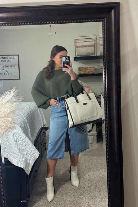 Off the shoulder sweater - medium 
Long denim skirt - medium 
Shoes - TTS!
Love this laptop bag
