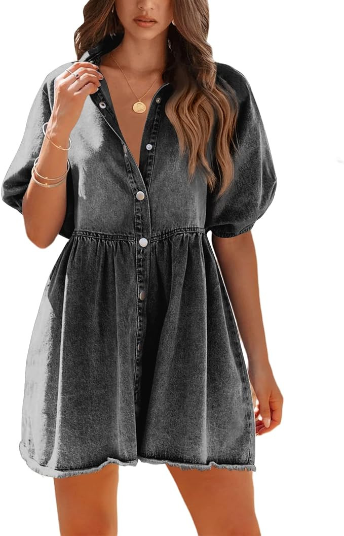 Pepochic Womens Summer Denim Dress Button Down Short Sleeve Babydoll Dress Puff Sleeve Flowy Jean... | Amazon (US)