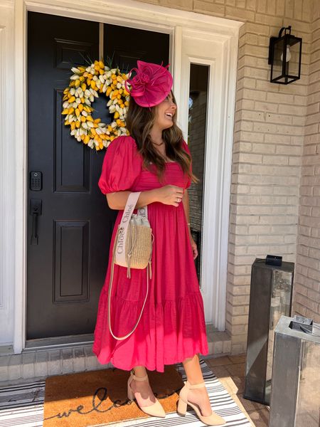 Abercrombie dress - size small
Amazon fascinator
Wedding guest dress
MIDI dress 
Chloe straw bucket bag
Woody bucket bag 
Summer bag 
Amazon block heels
Nude heels

#LTKMidsize #LTKItBag #LTKShoeCrush