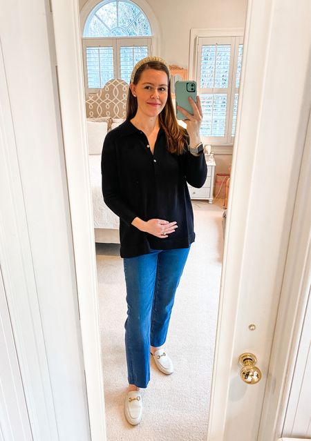 Bump friendly maternity look! Obsessed with these maternity jeans and this bump friendly polo sweater top! *Wearing my normal pre-pregnancy sizes: XS/Small on top & 26 in jeans. 

Gold metallic headband. Bump outfit. Pregnant. Maternity outfit. Maternity jeans. Tuckernuck. Cream mules. 

#LTKSeasonal #LTKshoecrush #LTKbump