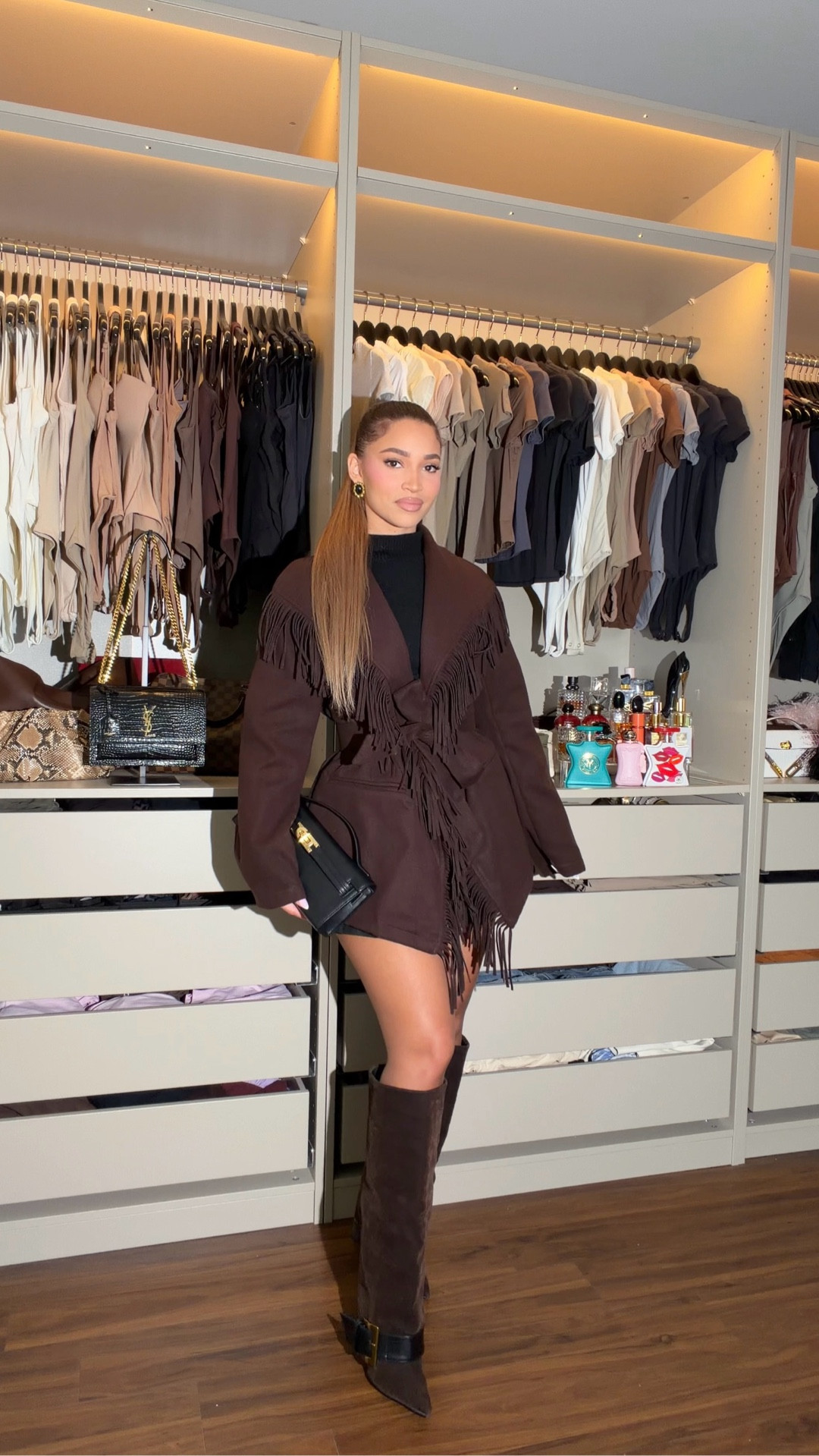 GRWM: casual chic outfit inspo 🤎 I will link below a affordable and high end version for you guys ✨🥰 

Sizes: 
fringe jacket: Small 
Black faux leather skirt: small
Black sleeveless knit top: small 

Fringe wool coat, #outfitinspo #fashioninspo #ootd #gdwm #styleinspiration #fallfashion #getreadywithme #winteroutfitideas #winteroutfitinspo #winterstyle #winterfashion #winterstyle #styleinspo #styletips #todaysouttit #styling #todayslook #petite #petitefashion  #petitestyle #autumnfashion #suedeboots #monochrome pleated skirt, sleeveless knit top 

#LTKPetite #LTKootd #LTKgrwm