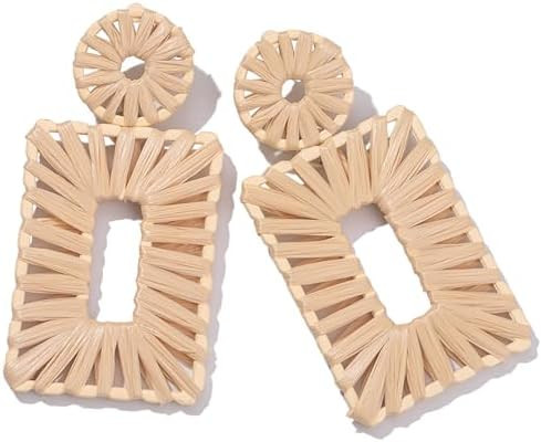 Statement Raffia Earrings Boho Square Drop Earrings Geometric Dangle Earrings for Women Gift Jewe... | Amazon (US)