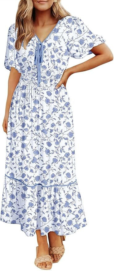 Dokotoo Womens Dresses V Neck Empire Waist Dress Summer Spring Short Sleeve Elegant Flowy Long Fl... | Amazon (US)