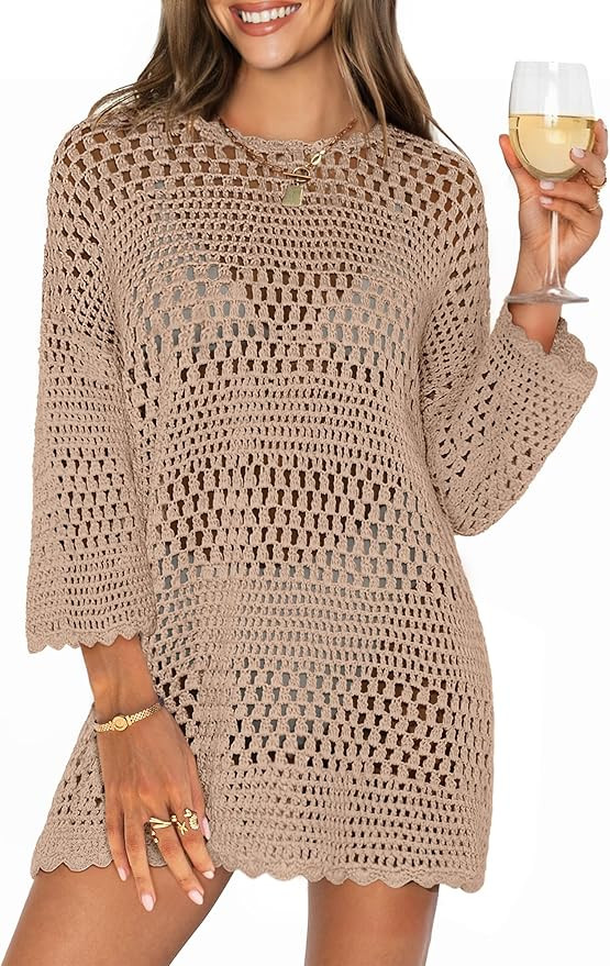 ANRABESS Women 3/4 Sleeve Swimsuit Cover Up 2026 Summer Beach Vacation Clothes Crochet Knit Bathi... | Amazon (US)