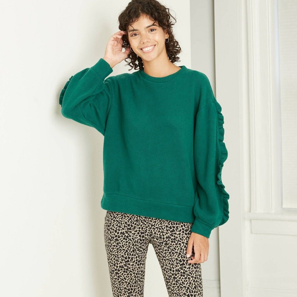 Women's Ruffle Sleeve Sweatshirt - A New Day Green XL | Target