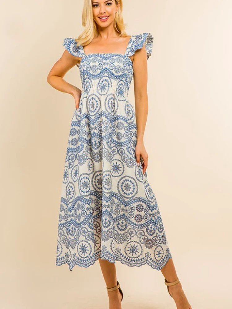 Marisol Blue and White Eyelet Midi Dress | Confête