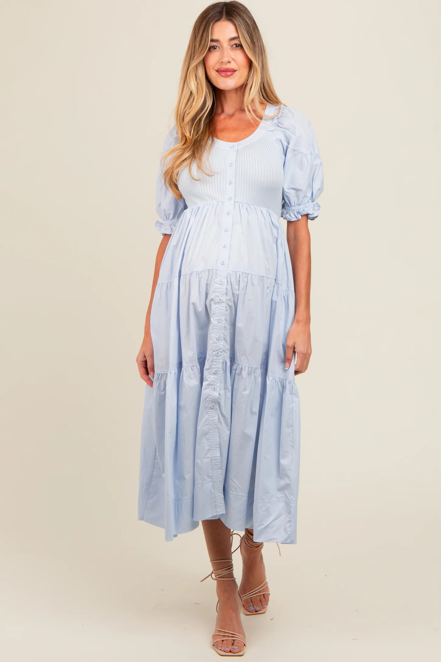 Light Blue Contrast Top Tiered Maternity Midi Dress | PinkBlush Maternity