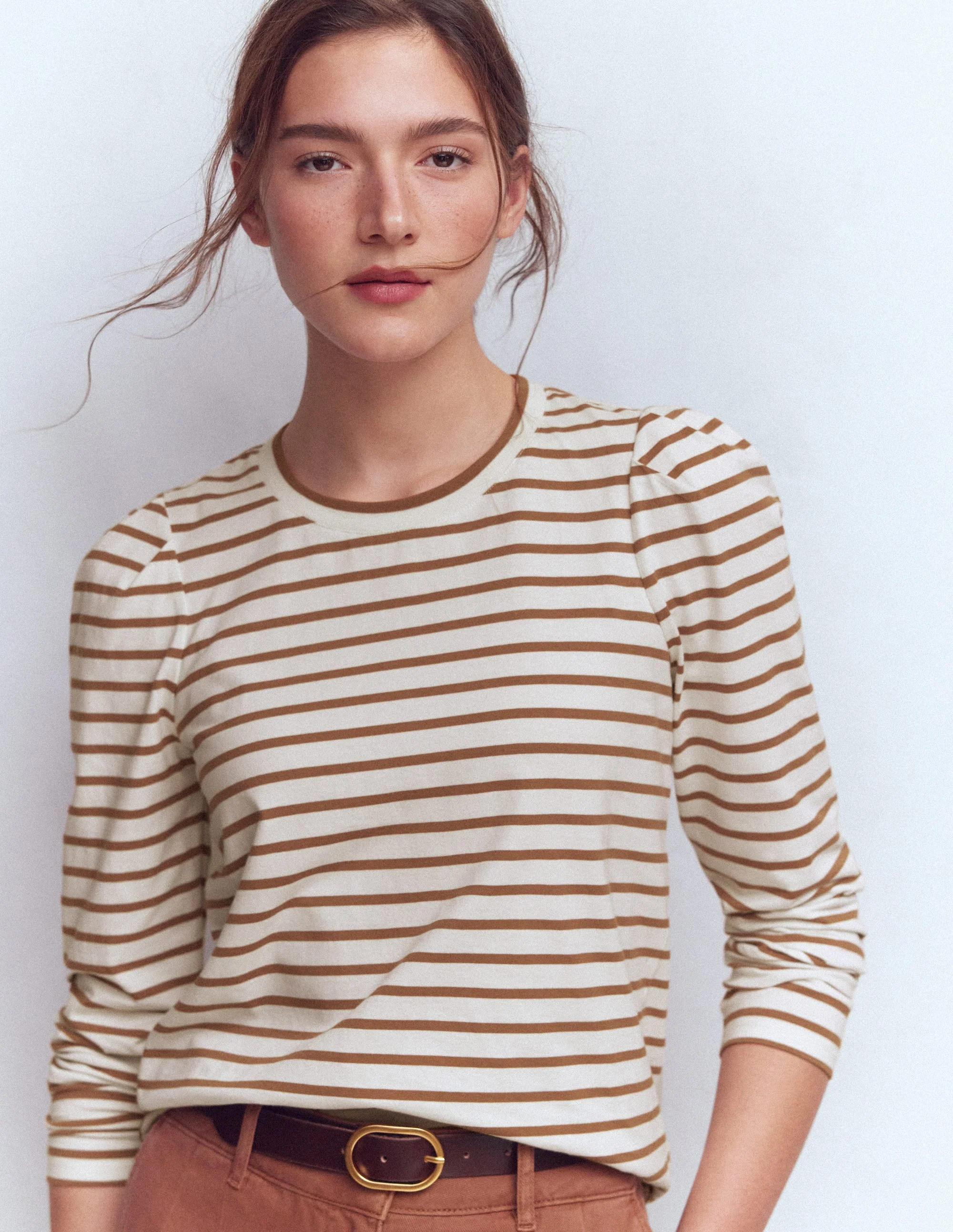 Pleat Sleeve Stripe Top-Ginger and Ivory Stripe | Boden (US)