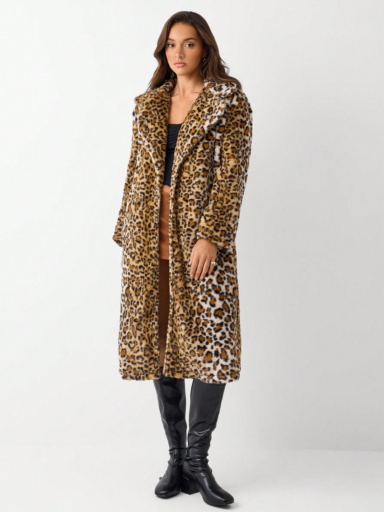 SHEIN TRNDY Rabbit Fur Leopard Print Lapel Lining Long Casual Winter Coat For Women | SHEIN USA | SHEIN