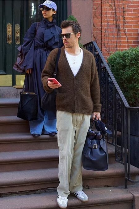 Harry Styles brown cardigan, banana leather shoulder bag, black leather tote bag white sneakers, black Wayfair sunglasses and look for less options #HarryStyles #CelebrityStyle

#LTKmens #LTKstyletip
