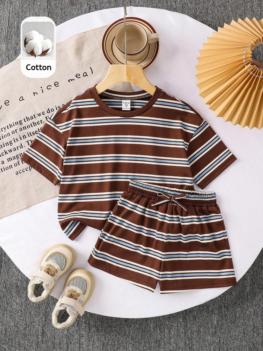 SHEIN 2pcs/Set Young Girl Striped Knit Loose Crew Neck T-Shirt And Shorts Set | SHEIN