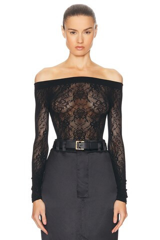 Saint Laurent Lace Off The Shoulder Bodysuit in Noir - Black. Size S (also in ). | FWRD 