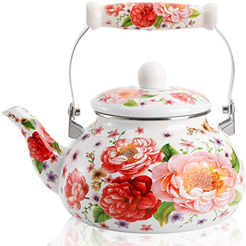 DEAYOU 2.6 Quart Enamel Tea Kettle Stovetop, Large Porcelain Enameled Teakettle, 2.5L Vintage Tea Pot with Ceramic Cool Handle, Colorful Floral Steel Teapot for Hot Water, Retro Decor, No Whistling | Amazon (US)
