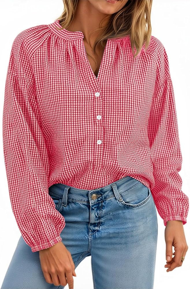 Cicy Bell Womens Puff Long Sleeve Blouse Gingham Pleated V Neck Button Down Shirts Loose Fit Dres... | Amazon (US)