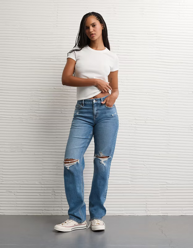 AE Stretch Curvy Ripped Straight Jean | American Eagle Outfitters (US & CA)
