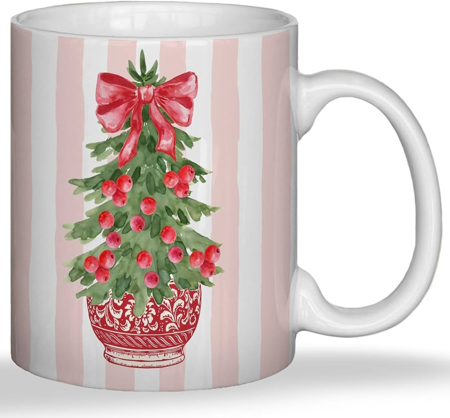 JINYO Red Chinoiserie Christmas Tree Mug, Preppy Bow Grandmillennial Christmas Coffee Cup, Xmas P... | Amazon (US)