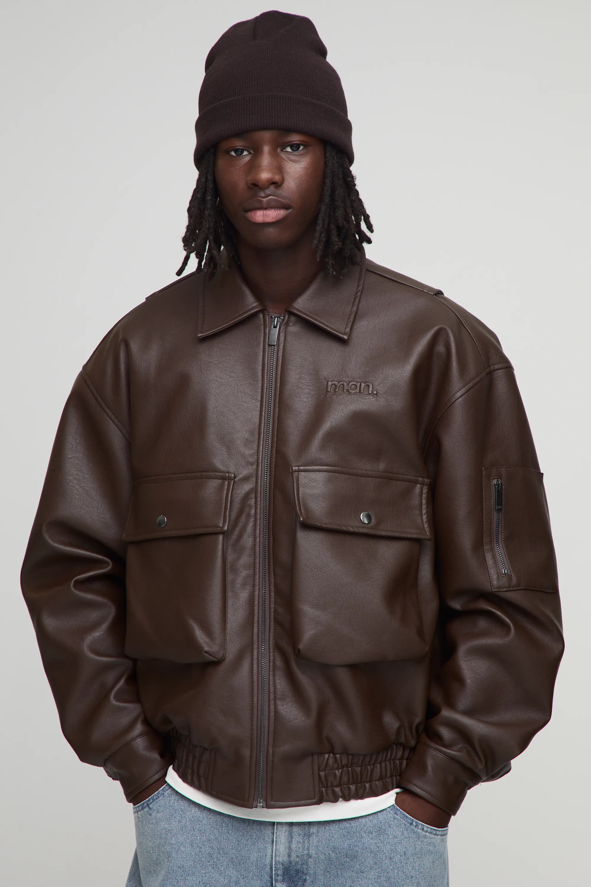 Oversized Fit Vent Back Detail PU Collared Bomber Jacket | boohooMAN (DE, IE & UK)