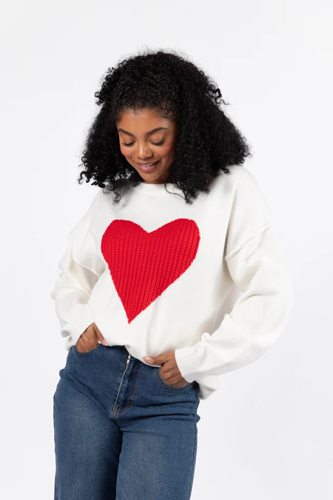 In My Heart Ivory and Red Cable Knit Heart Sweater FINAL SALE | Pink Lily