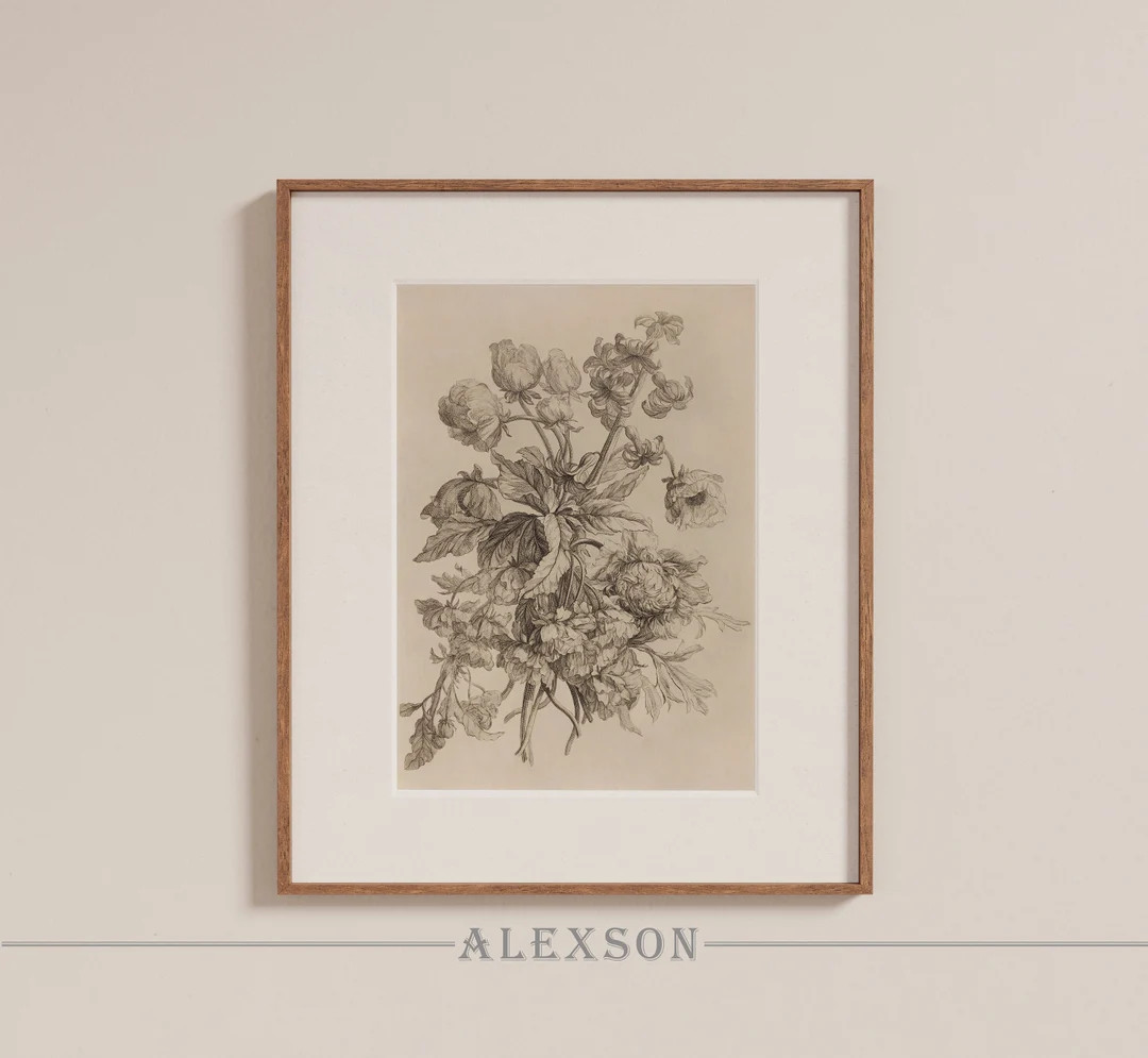 Antique Bouquet | Wall Art | Peony and Poppy Drawing | Botanical Drawing | Digital Files | Printa... | Etsy (US)