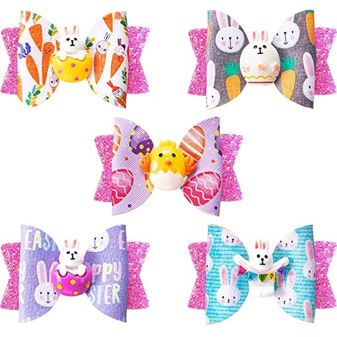 5 Pieces Easter Bows Clips Easter Glitter Faux Leather Bows Clips 3 Inch Double Layer Hair Bow Cl... | Amazon (US)