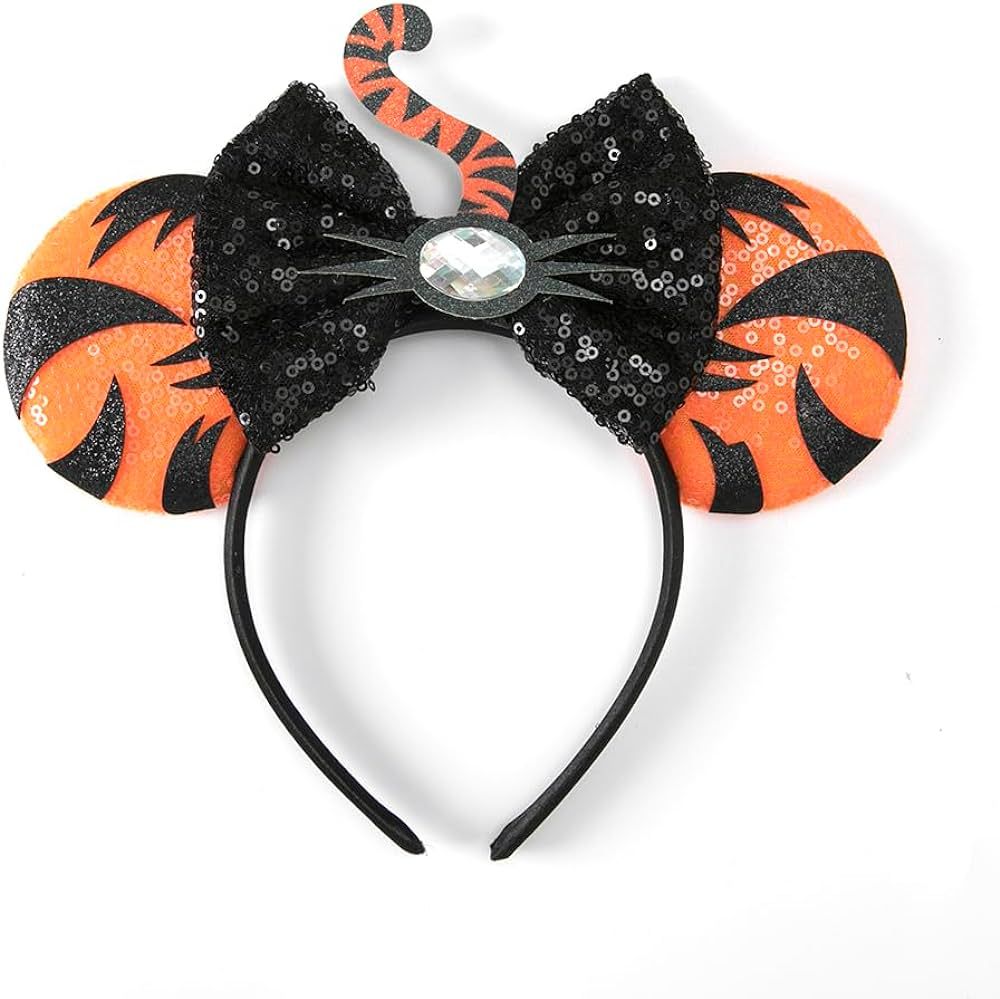JIAHANG Halloween Mouse Ears Headband, Black Sequin Bow with Tiger Tail Hair Hoop, Party Decorati... | Amazon (US)