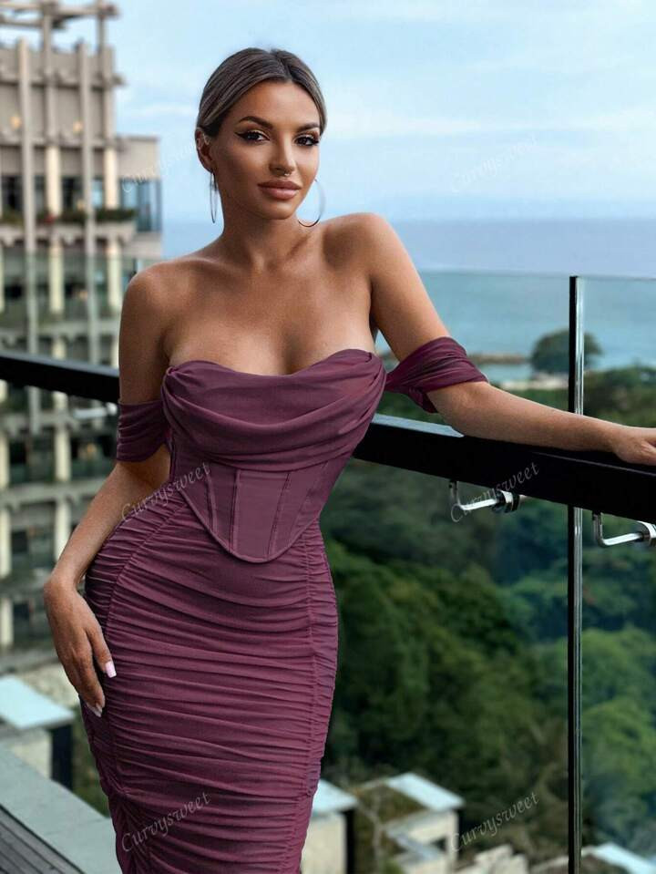 CurvySweet Off-Shoulder Sleeves Strapless Sweetheart Ruched Bodycon Sexy Bustier Midi Mesh Dress ... | SHEIN