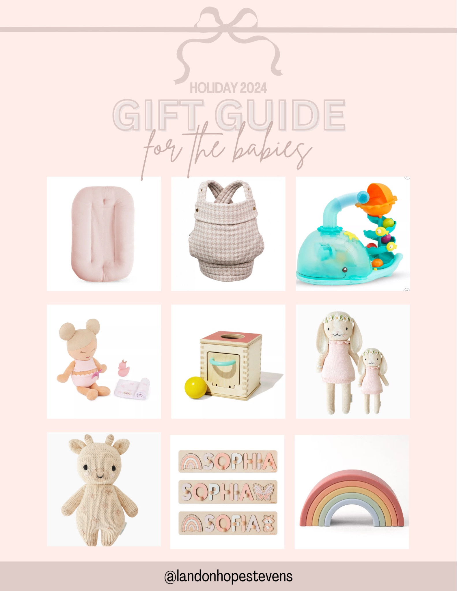
This gift guide for the babies is filled with adorable and practical options for little ones this holiday season! From cozy baby loungers and soft plush dolls to interactive stacking toys and personalized name puzzles, these gifts are perfect for playtime, learning, and keeping babies entertained. Add in the sweetest baby carrier for on-the-go moments and you’ve got the perfect present for every new parent and their little bundle of joy! 🎁💖

#GiftGuideForBabies #HolidayGifts2024 #BabyToys #LTKHoliday #BabyEssentials #GiftsForLittleOnes #LTKGiftGuide #HolidayGiftIdeas #PersonalizedGiftsForBabies

#LTKBaby #LTKHoliday #LTKGiftGuide
