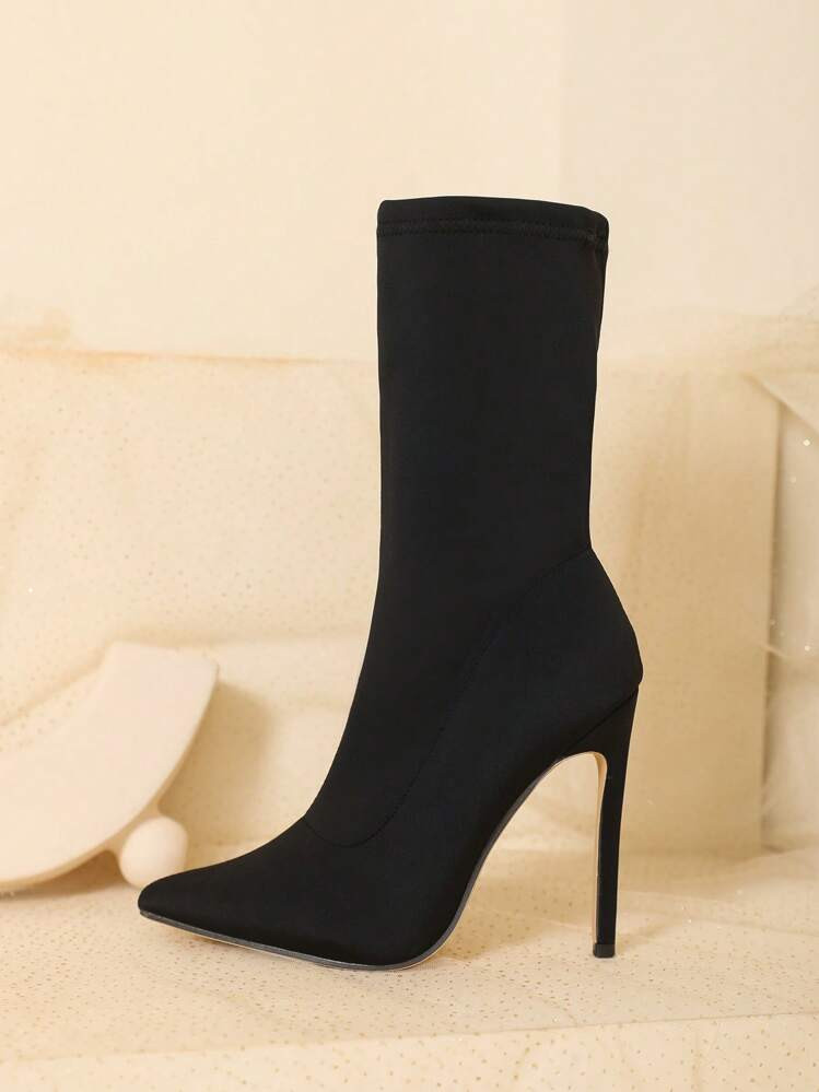 Fall/Winter 2025 Elegant Black Sock Boots For Women, Point Toe Stiletto Heeled Boots,Go With Dres... | SHEIN