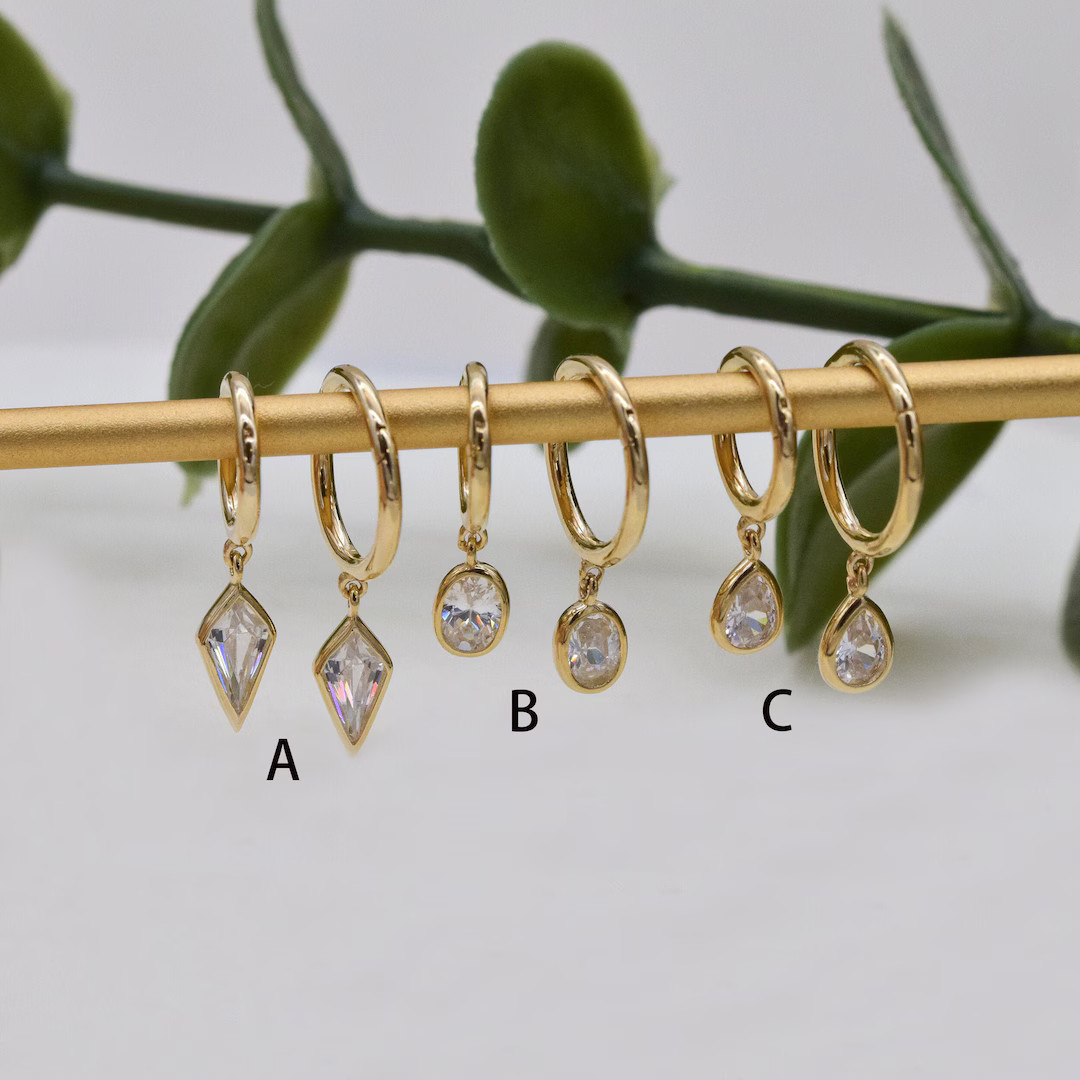 14K Solid Gold Dangle Charm Hoop Earring Dainty Drop Earring Dangle Rhombus Oval Dangling Charm C... | Etsy (US)