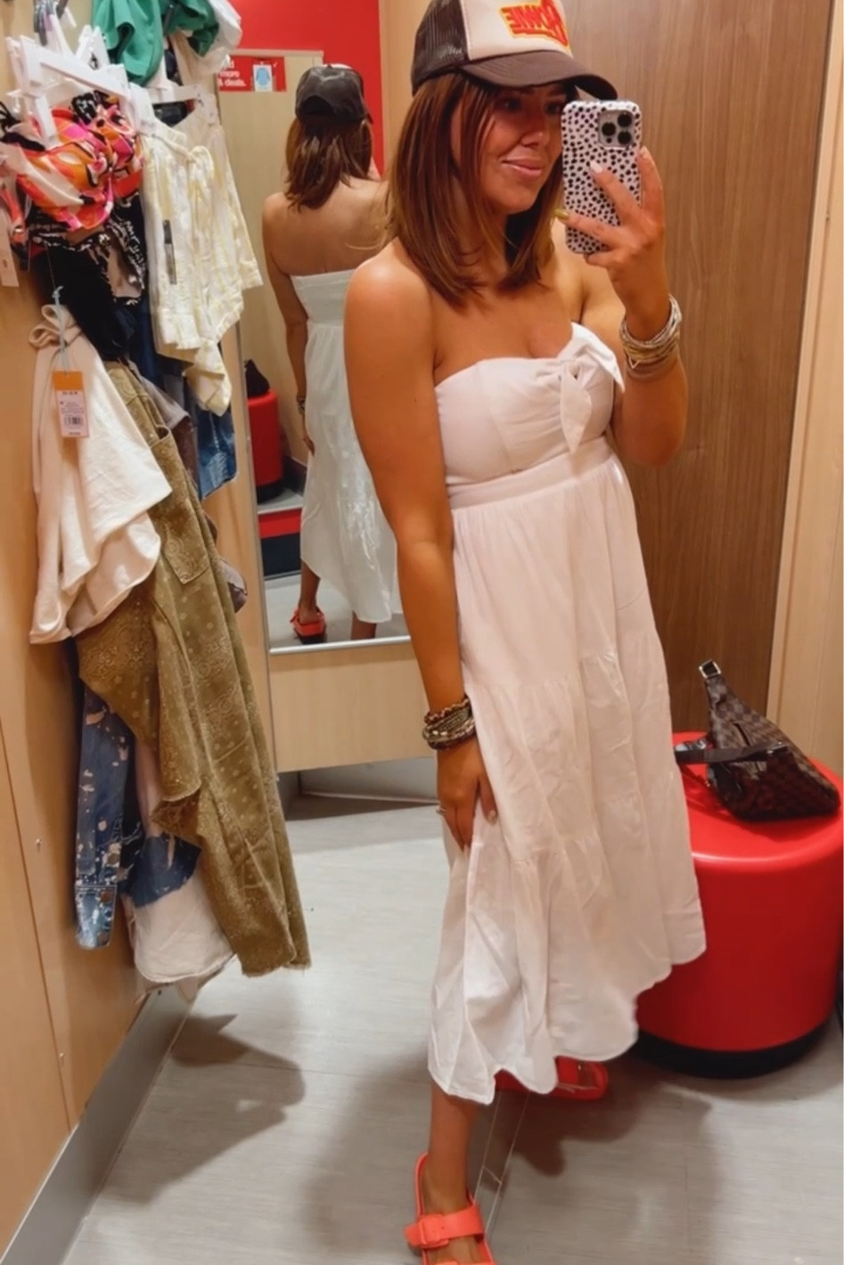 Heads into Target for paper towels and toothpaste… 90 minutes later I’m back in my car and already packed for the weekend away I haven’t even booked yet 🤣  Okay, I didn’t actually buy it all, just the perfect $10 T-shirts(!) But all of these pieces were a win for me for you! I love how the strapless swim top actually stays up, and those striped cotton shorts are all the comfy! The strapless midi dress is lined and can easily double as a skirt by untying the bow and tucking in the bodice, plus pockets win extra points for me ALWAYS. Are you a sucker for trying on all the things at Target too? 😅
