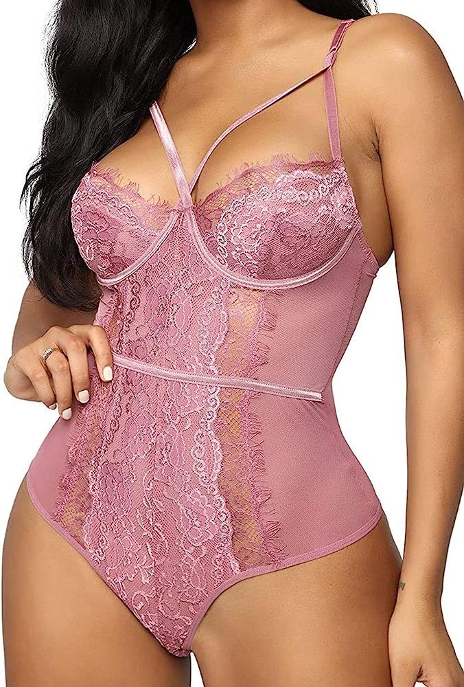 See Through Lingerie,V-Neck Lace Babydoll,Sexy Lingerie Women,One Piece Bodysuit | Amazon (US)