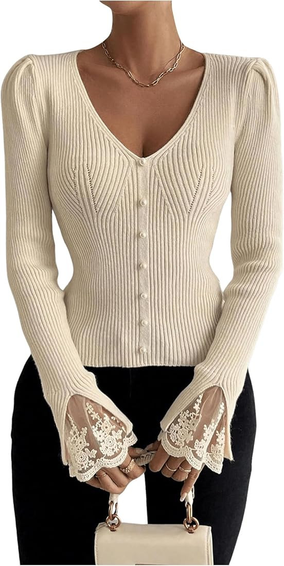 Verdusa Women's Floral Lace Faux Pearl Pullover Sweaters V Neck Long Sleeve Knit Tops | Amazon (US)
