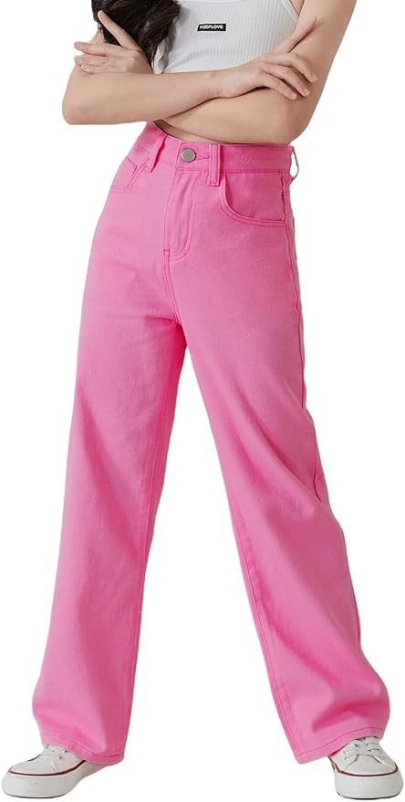 WDIRARA Girl's Butterfly Print Elastic Waist Wide Leg Ripped Jeans Denim Pants | Amazon (US)