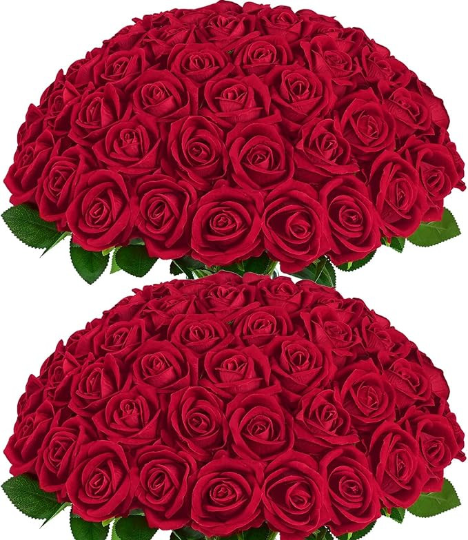 BLEUM CADE 50 Pcs Red Roses Artificial Flowers, Real Touch Velvet Roses Bouquet Fake Flowers Bulk... | Amazon (US)