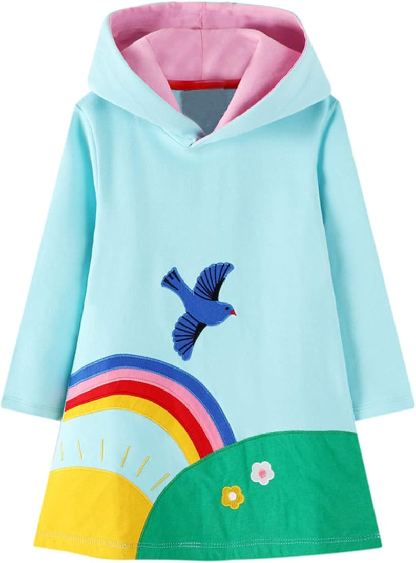 Youlebao Girls Cotton Long Sleeve Casual Cartoon Appliques Striped Jersey Dresses | Amazon (US)