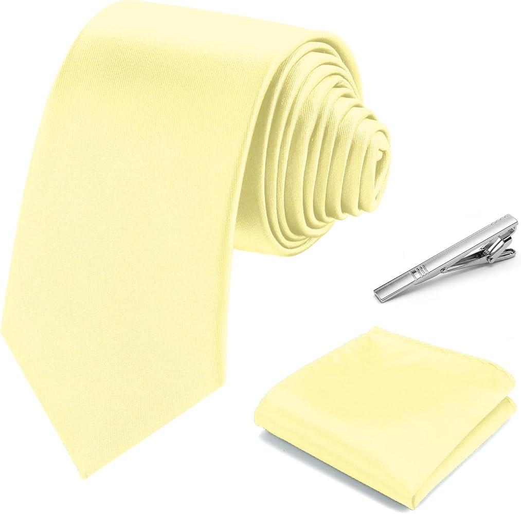 Mens Tie Set Solid Color 3.15" (8CM) Necktie and Pocket Square Clip Set for Business Wedding Gift... | Amazon (US)