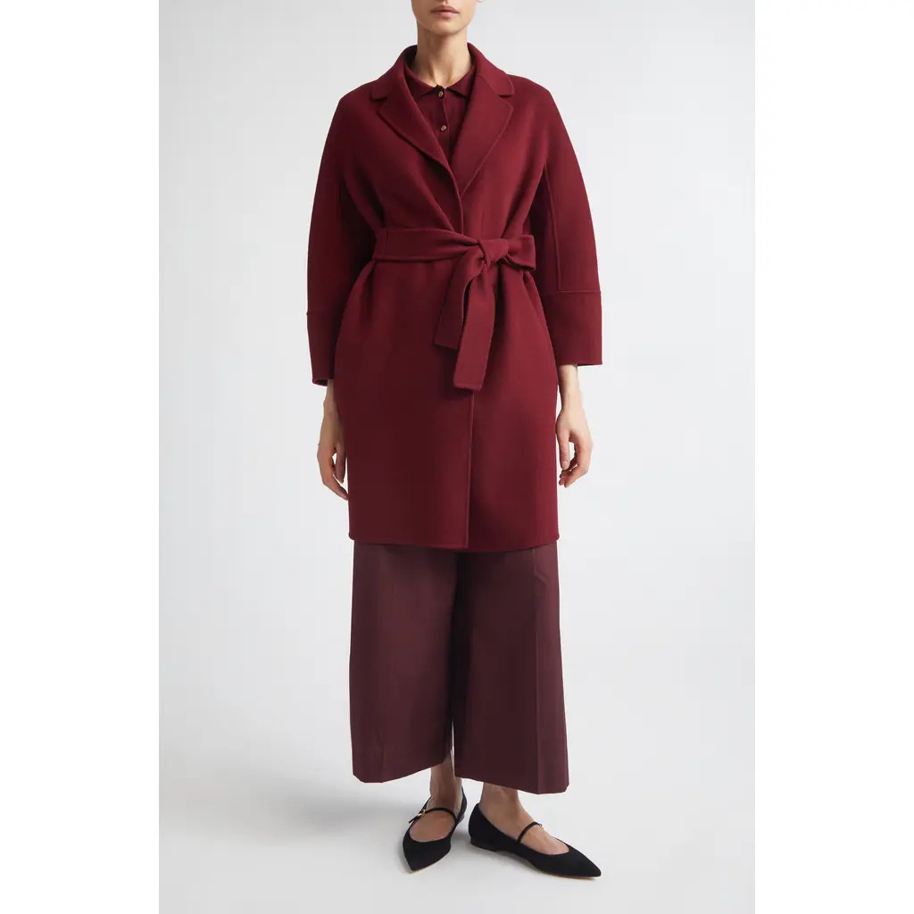 Max Mara Arona Belted Virgin Wool Wrap Coat in Bordeaux at Nordstrom, Size 16 | Nordstrom