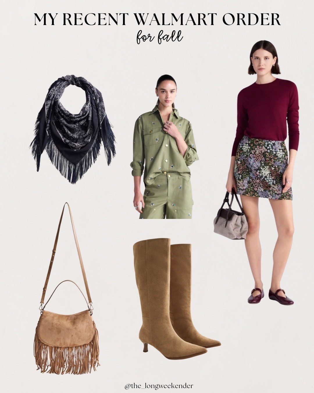 Recent Walmart Order for Fall! 

Fringe scarf, fall boots, fringe bag, mini skirt

#LTKootd #LTKSeasonal #LTKTravel