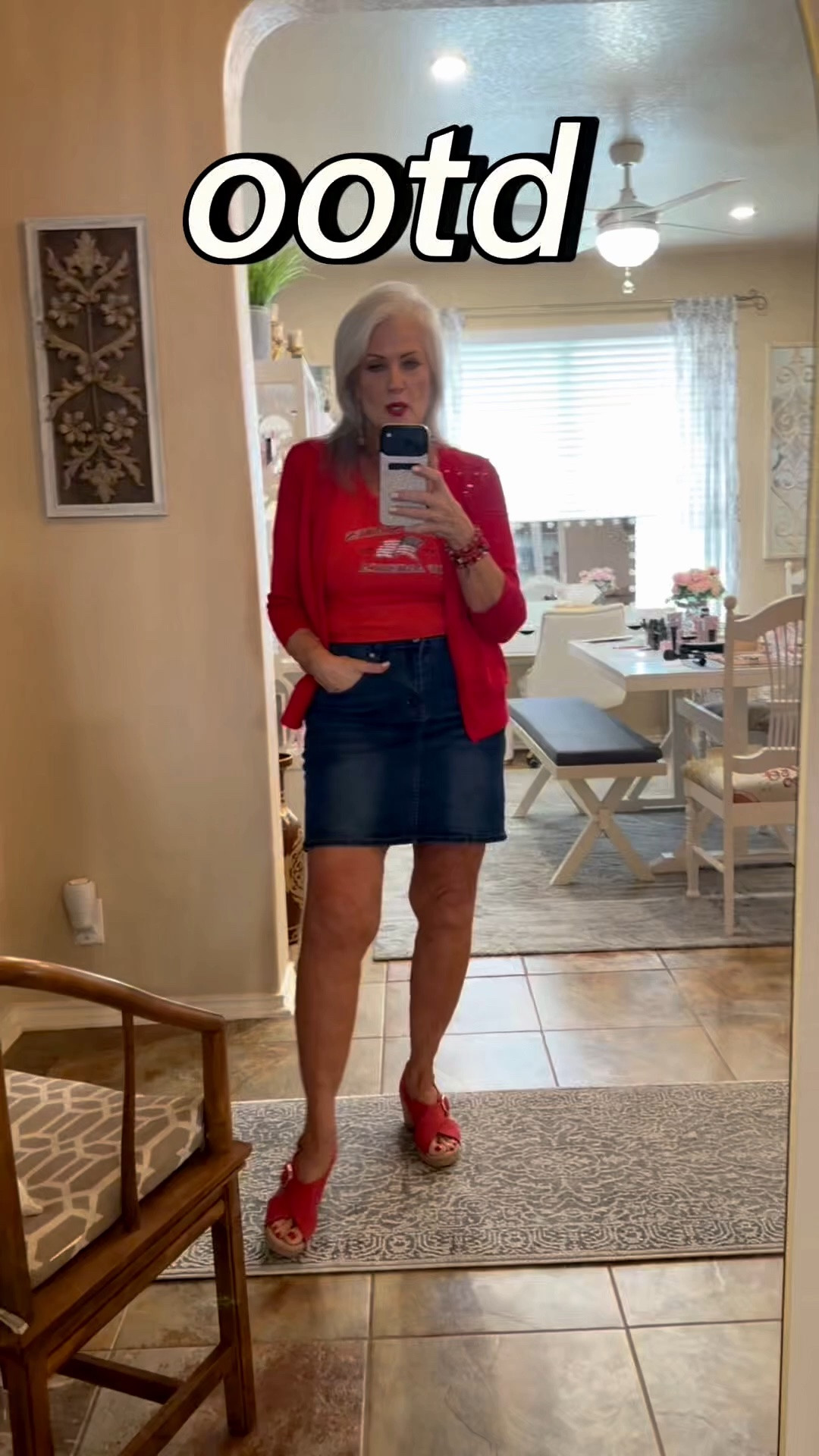 OOTD is a casual Red, White & Blue look. The tank is cropped but does NOT show the belly and the jean skirt has the perfect amount of stretch with structure!   Added my fave red cardigan and Clark’s red wedge to elevate my leg for a leaner look. And the fun star earrings add the perfect touch!

#LTKootd #LTKSaleAlert #LTKPetite