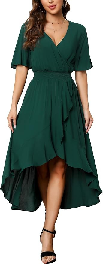 Kormei Womens Short Sleeve Floral High Low V-Neck Flowy Party Long Maxi Dress | Amazon (US)