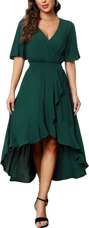 Kormei Womens Short Sleeve Floral High Low V-Neck Flowy Party Long Maxi Dress | Amazon (US)