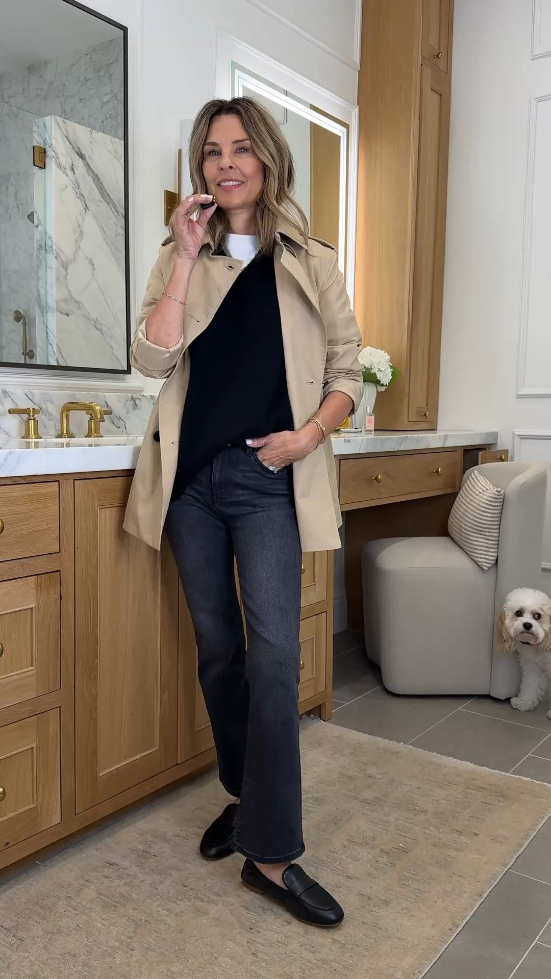 New fall arrivals from Quince! I’m 5’6’’.
-Cable knit cardigan size XS
-Crepe pants size up 
-Wide leg pants size up
-Black cashmere sweater size S
-A favorite trench coat size S
-Brown t-shirt size up

@oneQuince #quincepartner 