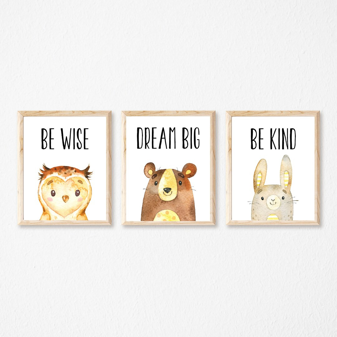 Animal Nursery Printables Set of 3, Bear Prints, Bunny Prints, Owl Printable, Be Wise, Be Kind, D... | Etsy (US)