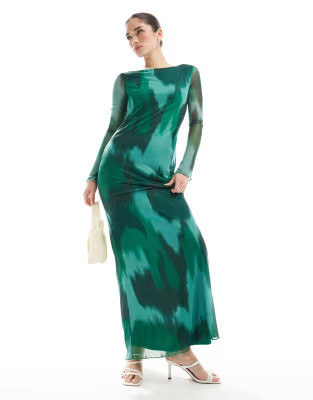 Vero Moda long sleeved mesh dress maxi in dark green abstract | ASOS (Global)
