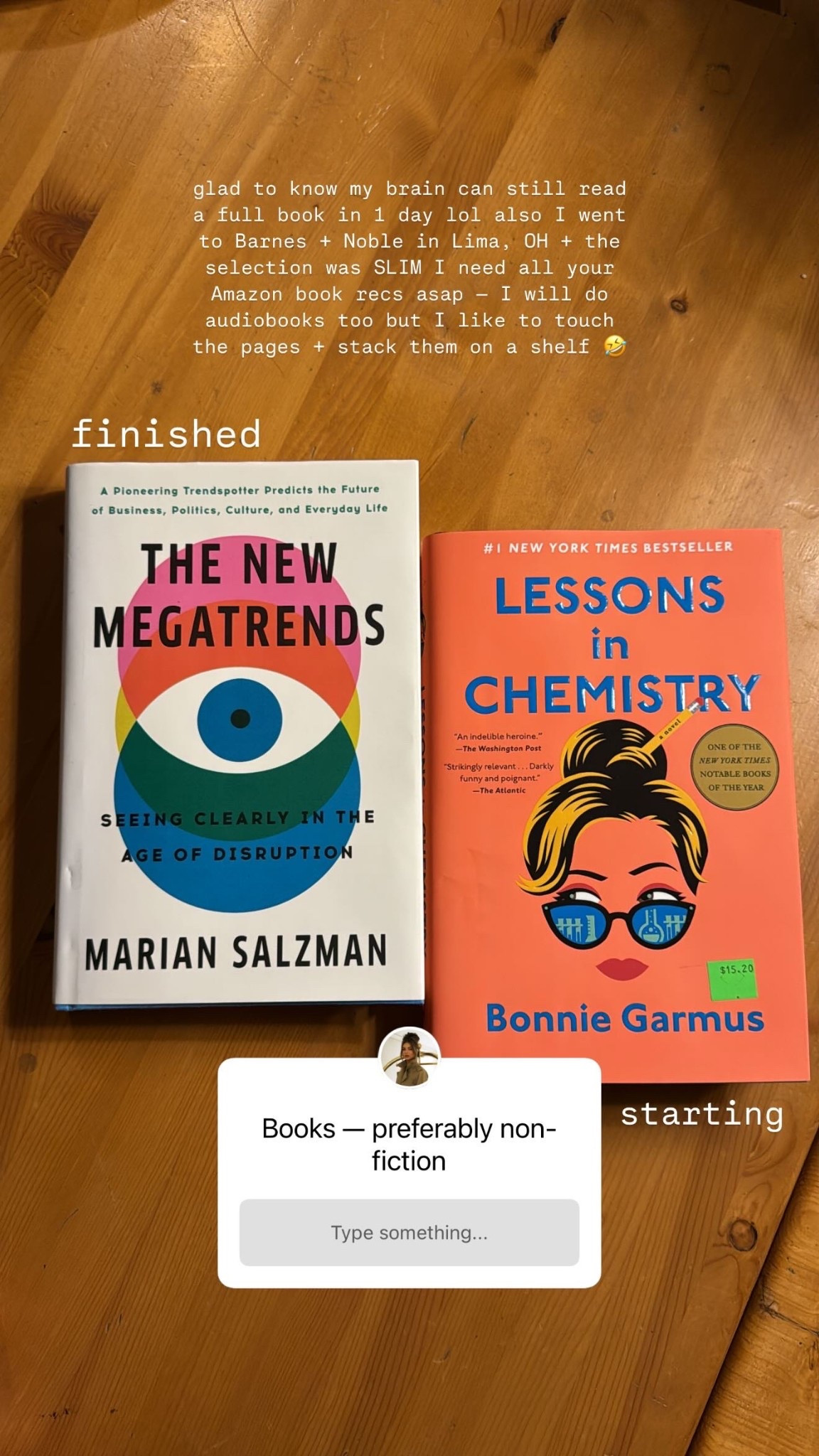 Weekend Reading Vibes (more casual/fun):
Healing, hydrating, and flying through books lately. Influence Is Your Superpower was a 10/10 read for anyone who wants to make moves with less burnout.
The New Megatrends = dense but interesting if you like futurist vibes.
Accidentally grabbed Lessons in Chemistry thinking it was non-fiction but it’s actually a novel—and honestly, it’s kind of adorable.