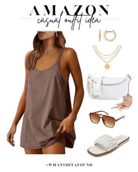 Amazon outfit idea, casual outfit idea, athleisure outfit idea, summer outfit idea, errands outfit idea, active dress, exercise dress, summer dress, white sandals, woven sandals, slide sandals, aviator sunglasses, tortoise shell sunglasses, white bum bag, trendy bum bag, layered necklaces, coin necklace, trendy necklaces, gold huggie hoops, dainty hoops 

#LTKitbag #LTKfindsunder50 #LTKshoecrush